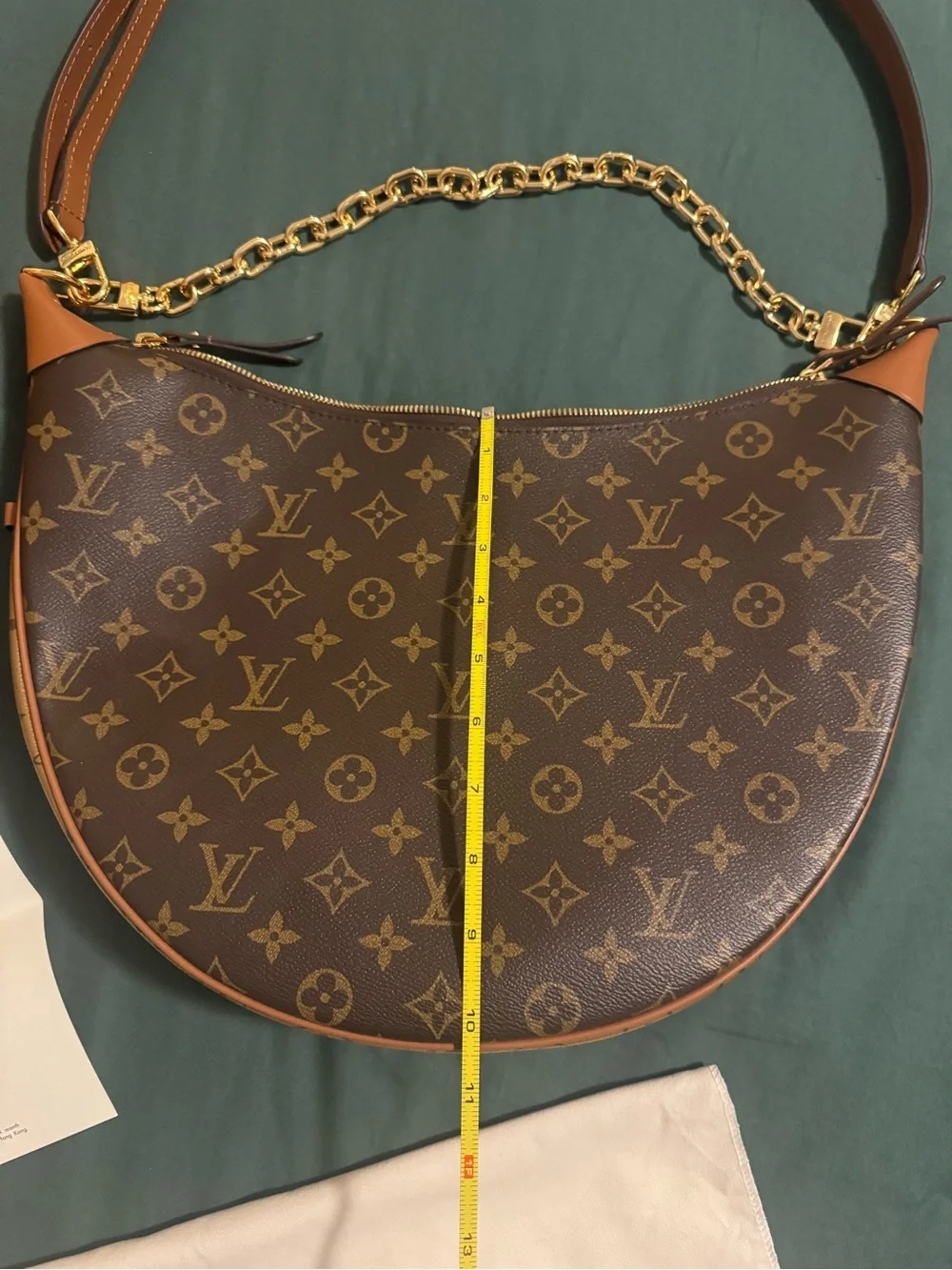 Louis Vuitton style Brown Monogram Crescent Shoulder Bag with Gold Chain